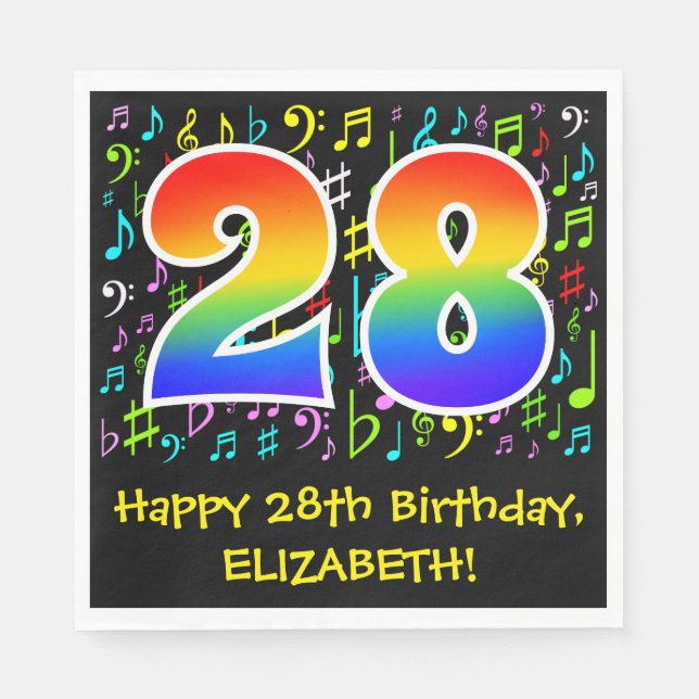 28th Birthday - Colourful Music Symbols, Rainbow 2 Napkin (Front)