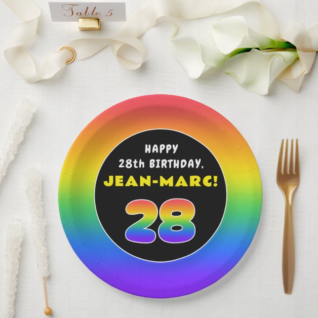 28th Birthday: Colourful Rainbow # 28, Custom Name Paper Plate (Wedding)