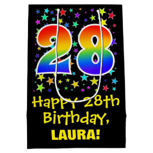 28th Birthday: Colourful Stars Pattern & Rainbow 2 Medium Gift Bag
