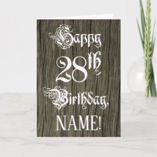 28th Birthday: Fancy, Elegant Text; Faux Wood Look Card
