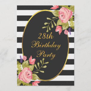 28th Birthday Floral Black White Stripes Gold Foil Invitation
