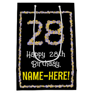 28th Birthday: Floral Flowers Number, Custom Name Medium Gift Bag