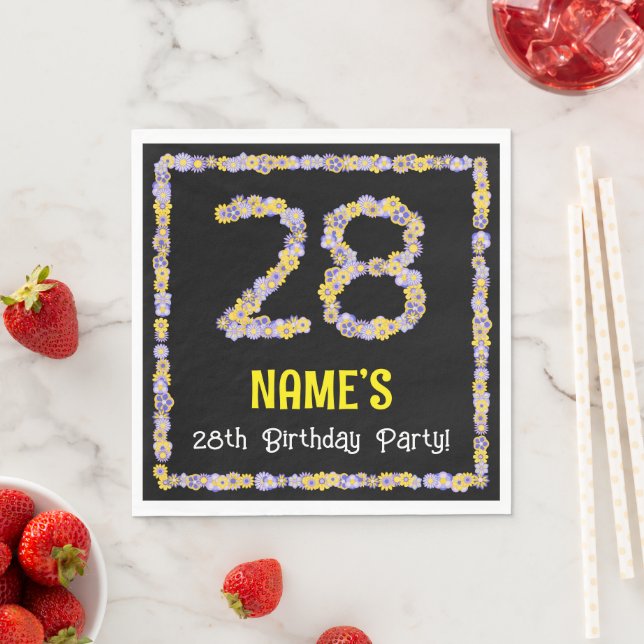 28th Birthday: Floral Flowers Number, Custom Name Napkin (Insitu)