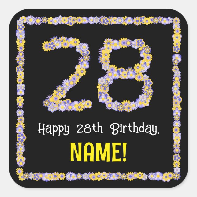 28th Birthday: Floral Flowers Number, Custom Name Square Sticker (Front)