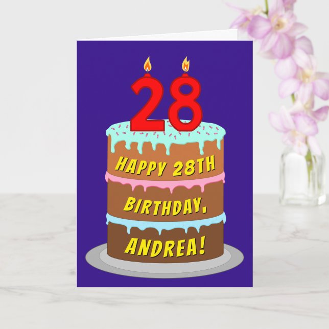 28th Birthday: Fun Cake and Candles + Custom Name Card (Orchid)