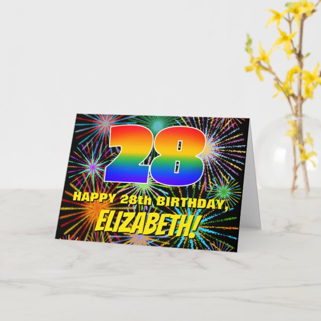 28th Birthday: Fun, Colourful Celebratory Firework Card (Yellow Flower)
