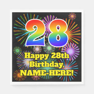 28th Birthday: Fun Fireworks Pattern + Rainbow 28 Napkin
