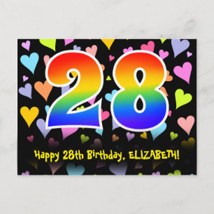 28th Birthday: Fun Hearts Pattern, Rainbow 28 Postcard