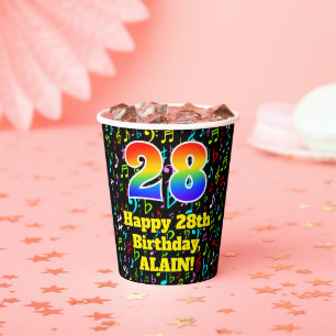 28th Birthday: Fun Music Notes Pattern, Rainbow 28 Paper Cups