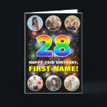 28th Birthday: Fun Rainbow #, Custom Name & Photos Card<br><div class="desc">The front of this fun and cheerful birthday-themed greeting card design features a large number “28“ with a vibrant multicolored rainbow spectrum inspired gradient pattern, along with the message “HAPPY 28th BIRTHDAY, ” and a personalised name, on a pattern inspired by bursting multicolored fireworks. Near the top and the bottom...</div>