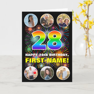28th Birthday: Fun Rainbow #, Custom Name & Photos Card
