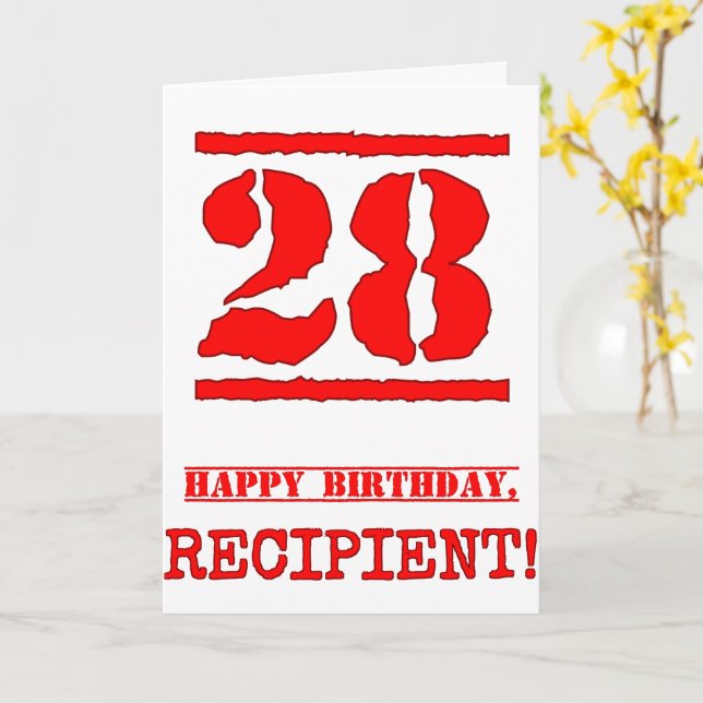 28th Birthday: Fun, Red Rubber Stamp Inspired Look Card (Yellow Flower)