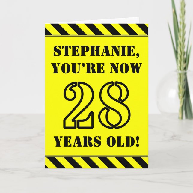 28th Birthday: Fun Stencil Style Text, Custom Name Card (Front)