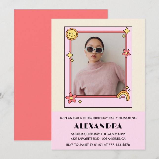 28th birthday invitation Retro Photo Pink Floral (Front/Back)