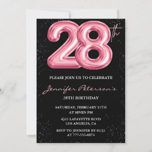 28th birthday invitations Pink Balloon Glam Black