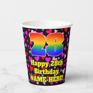 28th Birthday: Loving Hearts Pattern, Rainbow 28 Paper Cups