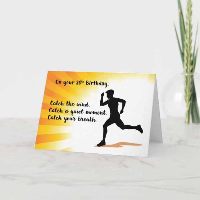 28th Birthday Man Running with Sunburst Background Card (Front)