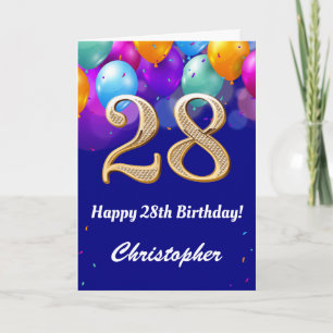 28th Birthday Navy Blue and Gold Colourful Balloon Card