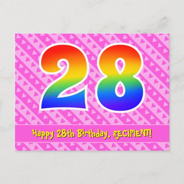 28th Birthday: Pink Stripes & Hearts, Rainbow 28 Postcard (Front)