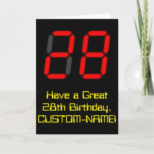 28th Birthday: Red Digital Clock Style "28" + Name Card