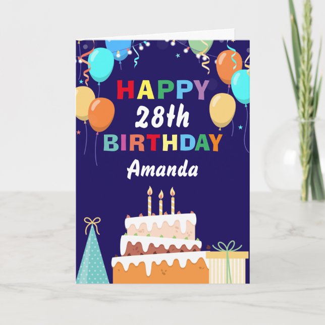 28th Happy Birthday Balloons Cake Navy Blue Card (Front)