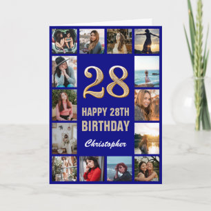 28th Happy Birthday Navy Blue & Gold Photo Collage Card