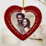 28th Wedding Anniversary Photo<br><div class="desc">Celebrate a 28th happy year of marriage with a custom photo ornament in a delightful heart shape frame. Simply upload your own photo of the married couple and it will appear in the cutout. The deep red surround features a white script font and decorations. The words are: 28th Wedding Anniversary...</div>