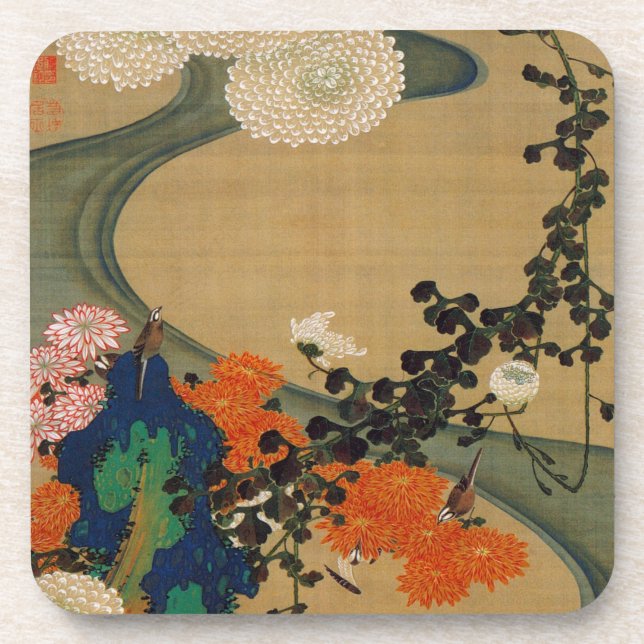 29. 菊花流水図, 若冲 Chrysanthemum & Stream, Jakuchū Coaster (Front)