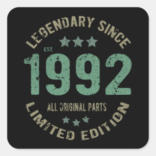 29 Year Old Bday 1992 Legend Since 29th Birthday Square Sticker