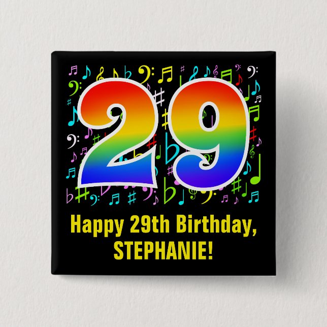29th Birthday: Colourful Music Symbols, Rainbow 29 15 Cm Square Badge (Front)