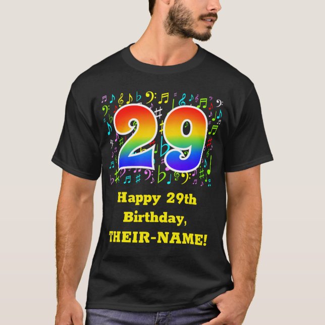 29th Birthday: Colourful Music Symbols, Rainbow 29 T-Shirt (Front)