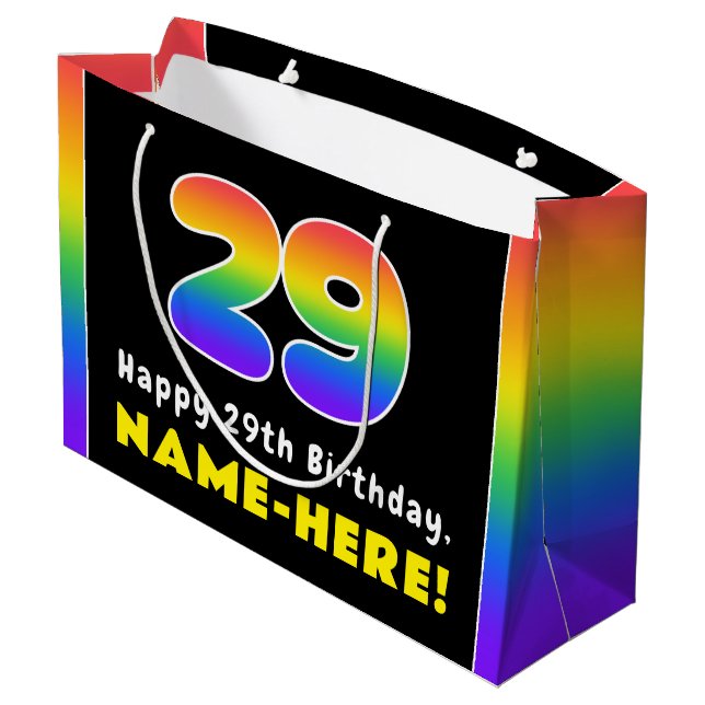 29th Birthday: Colourful Rainbow # 29, Custom Name Large Gift Bag (Back Angled)