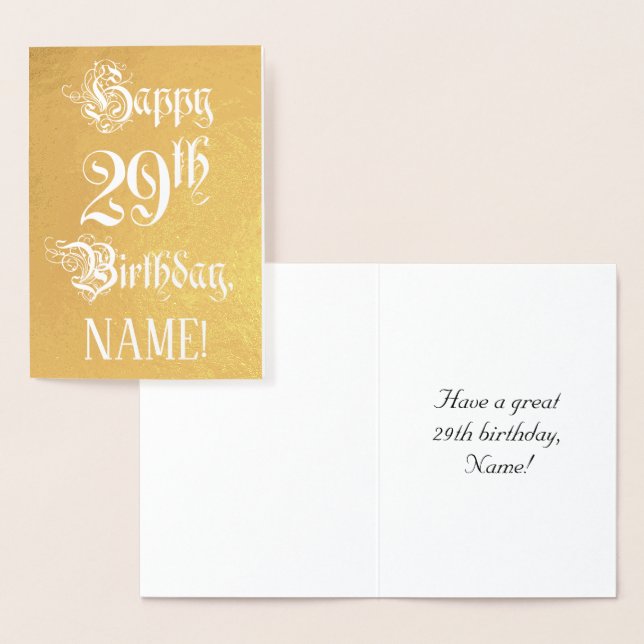 29th Birthday: Elegant, Ornate Script; Custom Name Foil Card (Display)