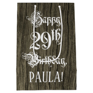29th Birthday: Fancy, Faux Wood Look + Custom Name Medium Gift Bag