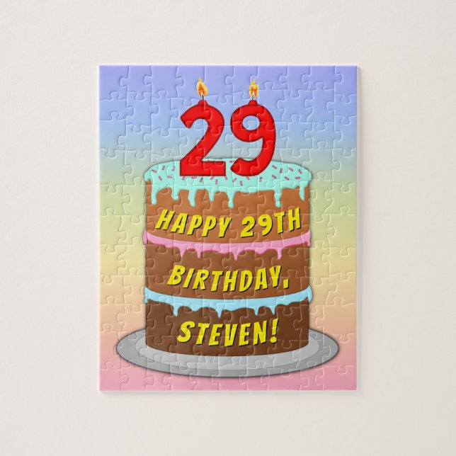 29th Birthday: Fun Cake and Candles + Custom Name Jigsaw Puzzle (Vertical)