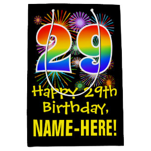 29th Birthday: Fun Fireworks Pattern + Rainbow 29 Medium Gift Bag