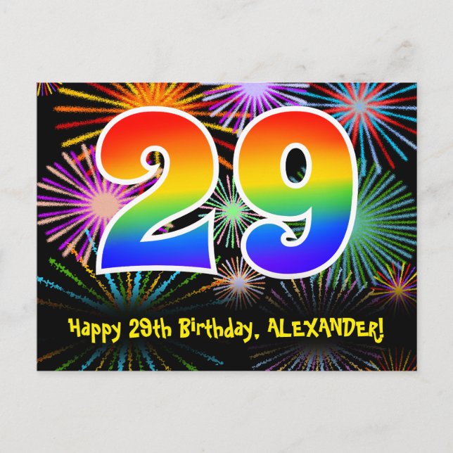 29th Birthday – Fun Fireworks Pattern + Rainbow 29 Postcard (Front)