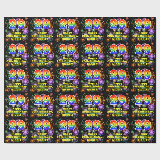 29th Birthday: Fun Fireworks, Rainbow Look # “29” Wrapping Paper (Seam)