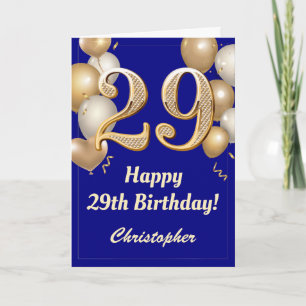 29th Birthday Navy Blue and Gold Balloons Confetti Card