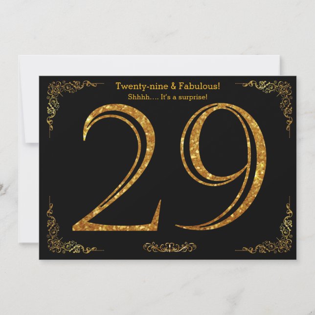 29th Birthday party,Gatsby styl,black gold glitter Invitation (Front)