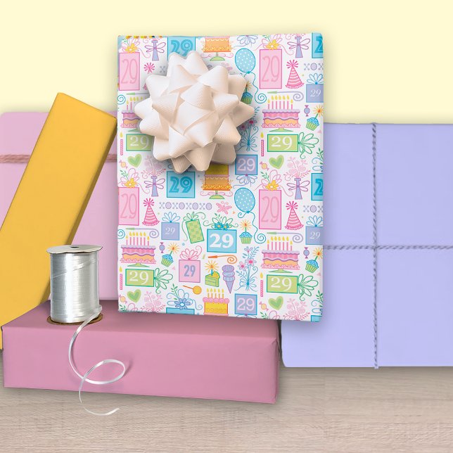 29th Birthday Pastel Pink Cake Presents Balloons Wrapping Paper Sheet (Creator Uploaded)