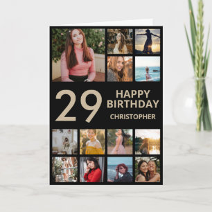 29th Birthday Photo Collage 13 Photos Black & Gold Card