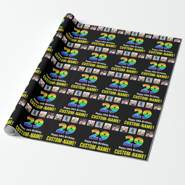 29th Birthday: Rainbow “29“; Custom Photos & Name Wrapping Paper (Unrolled)