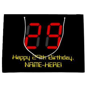 29th Birthday: Red Digital Clock Style "29" + Name Large Gift Bag