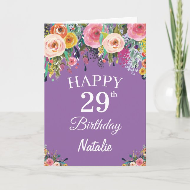 29th Birthday Watercolor Floral Flowers Purple Card (Front)