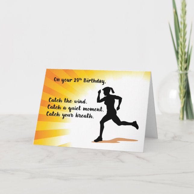 29th Birthday Woman Running Sunburst Background Card (Front)