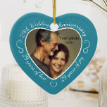 29th Wedding Anniversary Photo Ceramic Tree Decoration<br><div class="desc">Celebrate a 29th happy year of marriage with a custom photo ornament in a delightful heart shape frame. Simply upload your own photo of the married couple and it will appear in the cutout. The aqua surround features a white script font and decorations. The words are: 29th Wedding Anniversary -...</div>