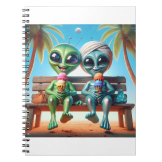 2 aliens having ice cream cones on a bench notebook