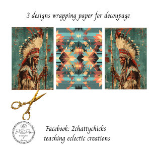 2 American Indian Chief & Blanket Decoupage Wrapping Paper Sheet