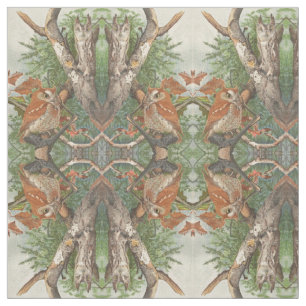 2 angry vintage owls in a tree textile fabric